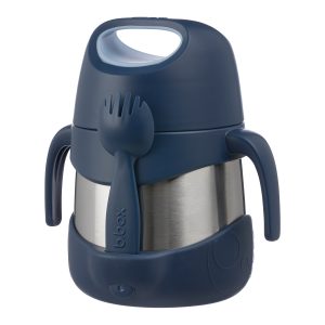 B.box Termos na jedzenie, 335 ml, Midnight posiada dwa boczne uchwyty, przypięty z boku spork z wytłoczonym logo "b.box" oraz szeroki, łatwy do trzymania uchwyt na górze w przyjaznym dla dzieci, nowoczesnym designie.
