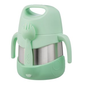 B.box Termos na jedzenie, 335 ml, Spearmint posiada boczne uchwyty, środkową część ze stali nierdzewnej i odłączany spork z wytłoczonym napisem "b.box". Duży uchwyt pokrywki umożliwia łatwe przenoszenie, a widelec można przypiąć z przodu.