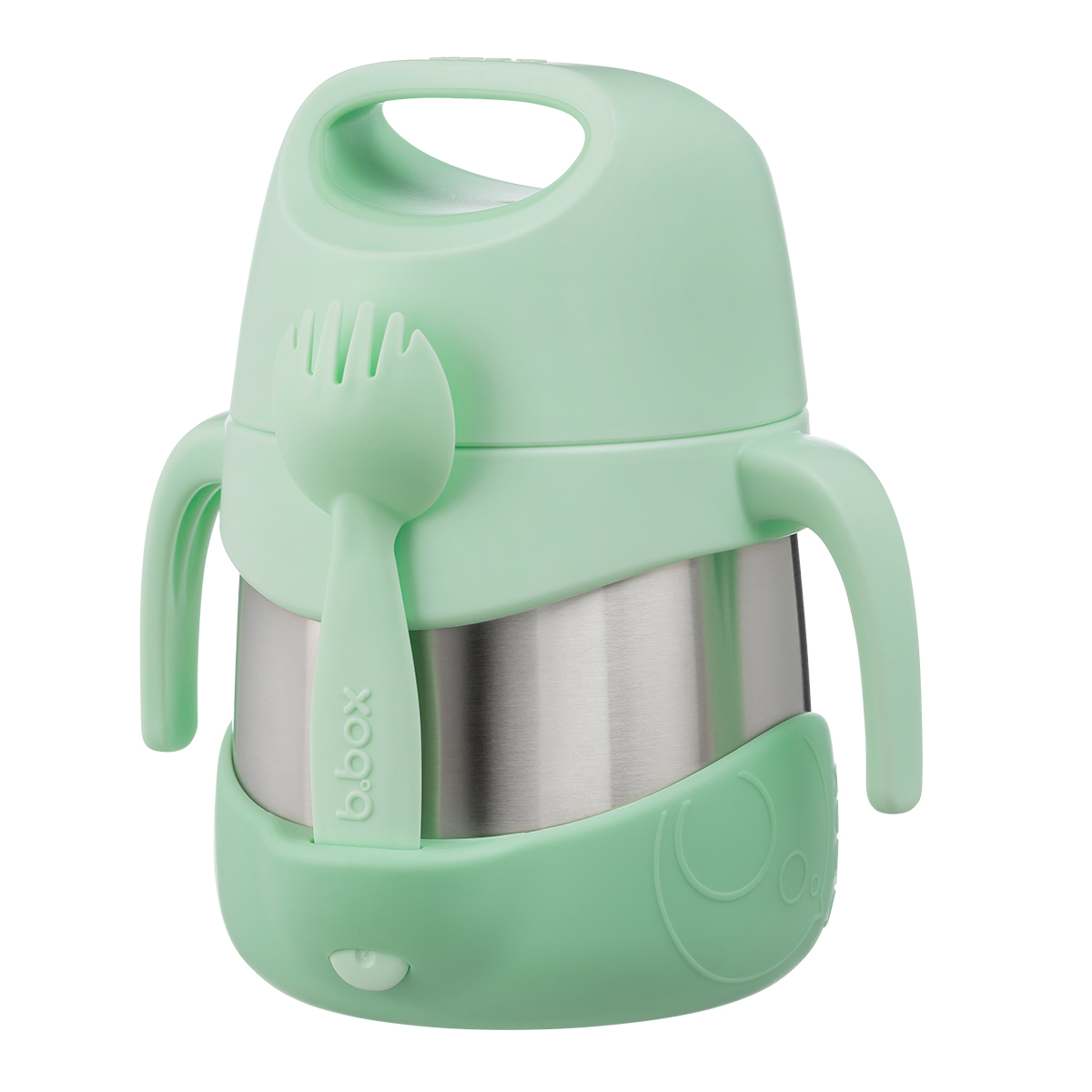 B.box Termos na jedzenie, 335 ml, Spearmint posiada boczne uchwyty, środkową część ze stali nierdzewnej i odłączany spork z wytłoczonym napisem "b.box". Duży uchwyt pokrywki umożliwia łatwe przenoszenie, a widelec można przypiąć z przodu. B.box Termos na jedzenie, 335 ml, Spearmint posiada boczne uchwyty, środkową część ze stali nierdzewnej i odłączany spork z wytłoczonym napisem "b.box". Duży uchwyt pokrywki umożliwia łatwe przenoszenie, a widelec można przypiąć z przodu.