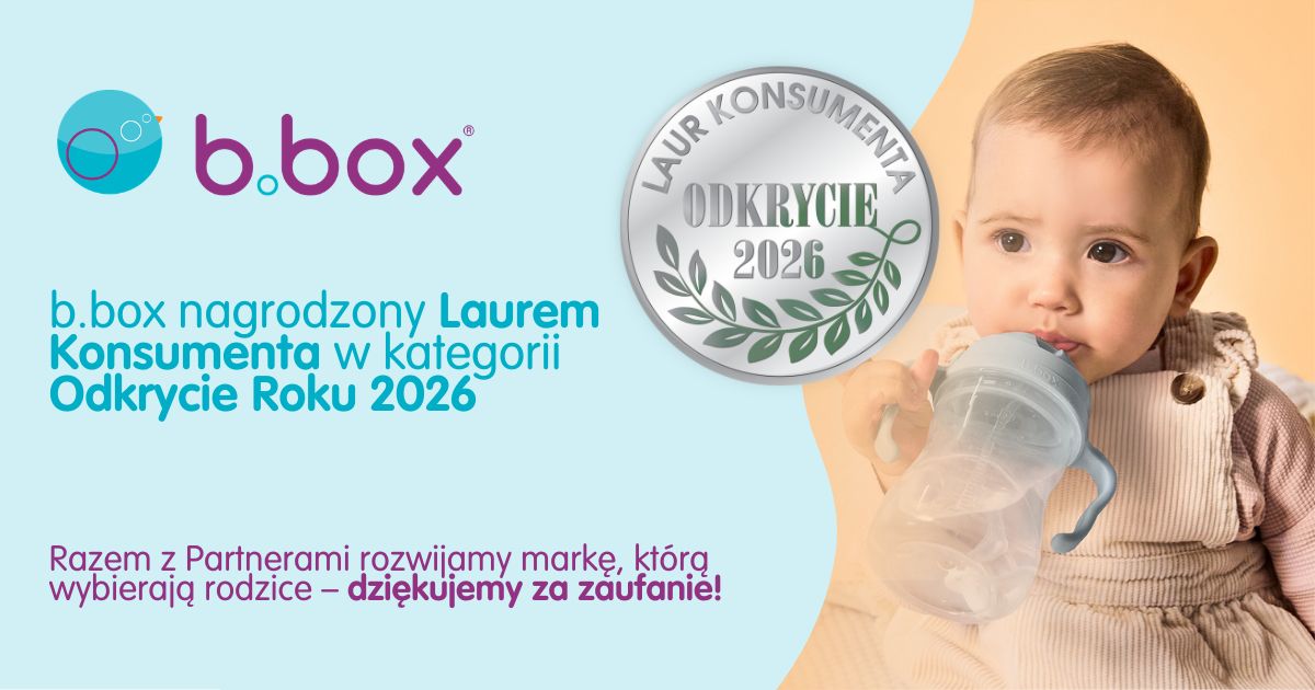 Baner marki b.box informujący o zdobyciu nagrody Laur Konsumenta w kategorii Odkrycie Roku 2026. Na grafice widoczne jest logo b.box, srebrny medal nagrody oraz małe dziecko pijące z bidonu b.box. Poniżej napis: „Razem z Partnerami rozwijamy markę, którą wybierają rodzice – dziękujemy za zaufanie!”.