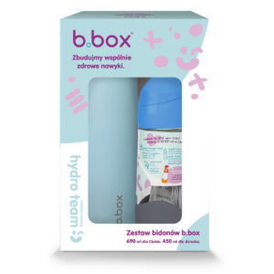 Oryginalne, jasnoniebieskie opakowanie kartonowe zestawu bidonów b.box Hydro Team z napisem "Zbudujmy wspólnie zdrowe nawyki" oraz widocznymi butelkami 690 ml i 450 ml.