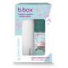 Produktowe opakowanie zestawu bidonów b.box Hydro Team z napisem "Zbudujmy wspólnie zdrowe nawyki. Zestaw bidonów b.box 690 ml dla Ciebie. 450 ml dla dziecka." W okienku widoczna biała i zielona butelka.