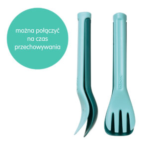 Widok z boku i z przodu na spięty zestaw sztućców do lunchboxa b.box w kolorze miętowo-ciemnozielonym, z informacją: 'można połączyć na czas przechowywania'.